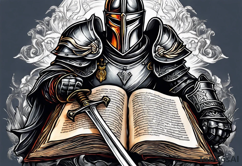 a knight pulling a sword out of an open bible tattoo idea
