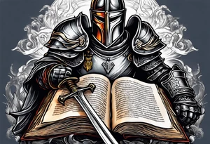 a knight pulling a sword out of an open bible tattoo idea