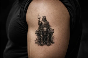 Hades with Cerberus in a dark, mythological style. tattoo idea