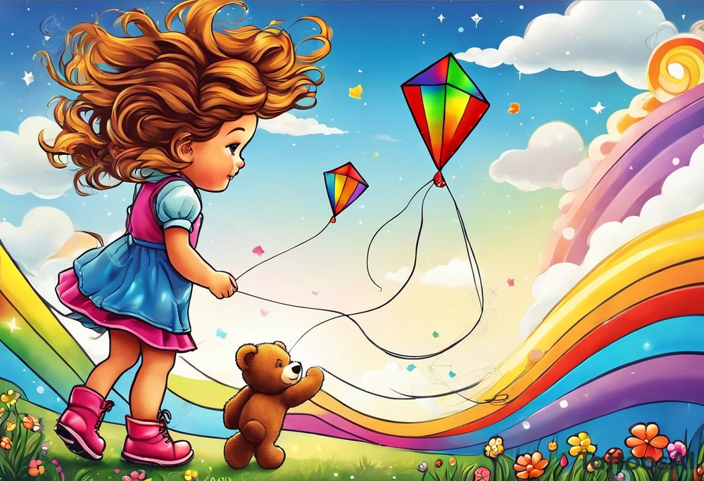 the image of a little girl facing away, flying a kite, with a teddy bear in rainbow boots with wheels tattoo idea