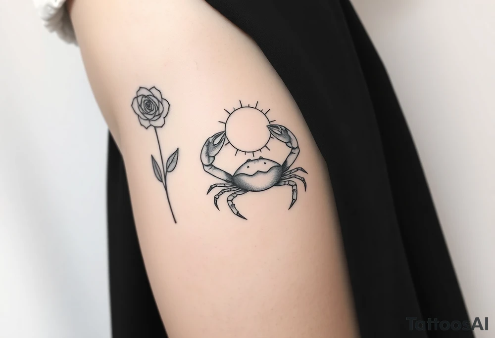 Rose and sun and crab tattoo idea