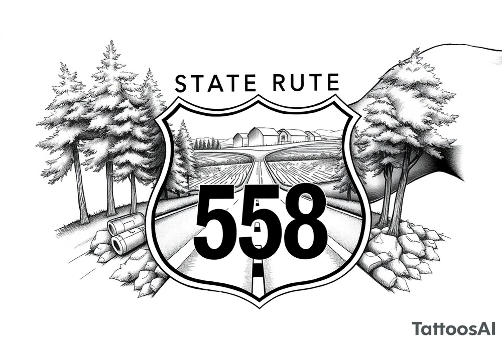 Arm sleeve State Route sign 558, with trees all around and farm in background, road w/ view tattoo idea