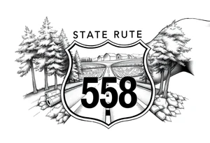 Arm sleeve State Route sign 558, with trees all around and farm in background, road w/ view tattoo idea