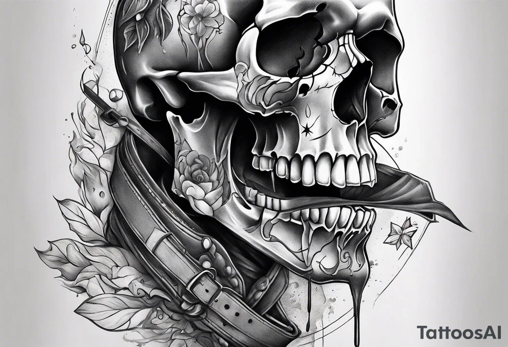 Unique tattoo design featuring a skull emerging from the skin with strap on the mouth that appears to be releasing or breaking free from its constraints. tattoo idea