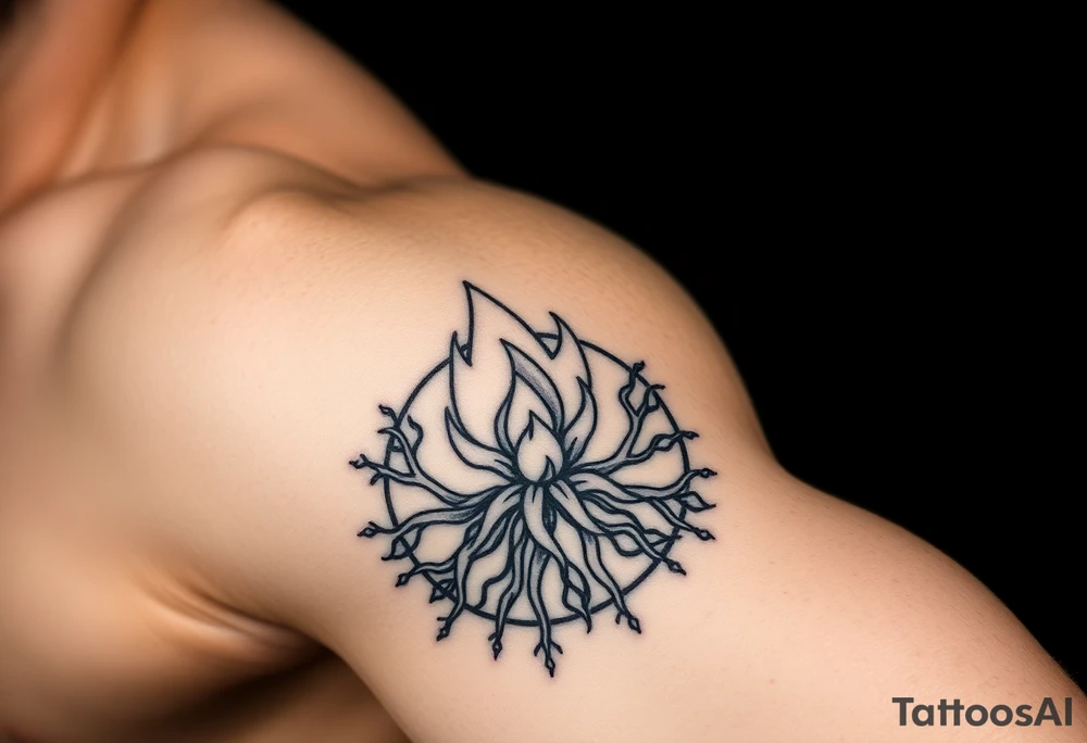 flame in a blooming roots circle tattoo idea