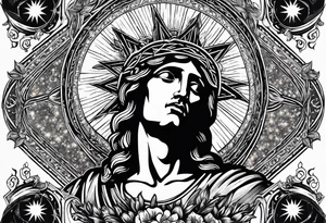 Ascension of crucified Jesus surrounded by angels and sun rays with a dove above his head and the sacred heart image on his chest. tattoo idea