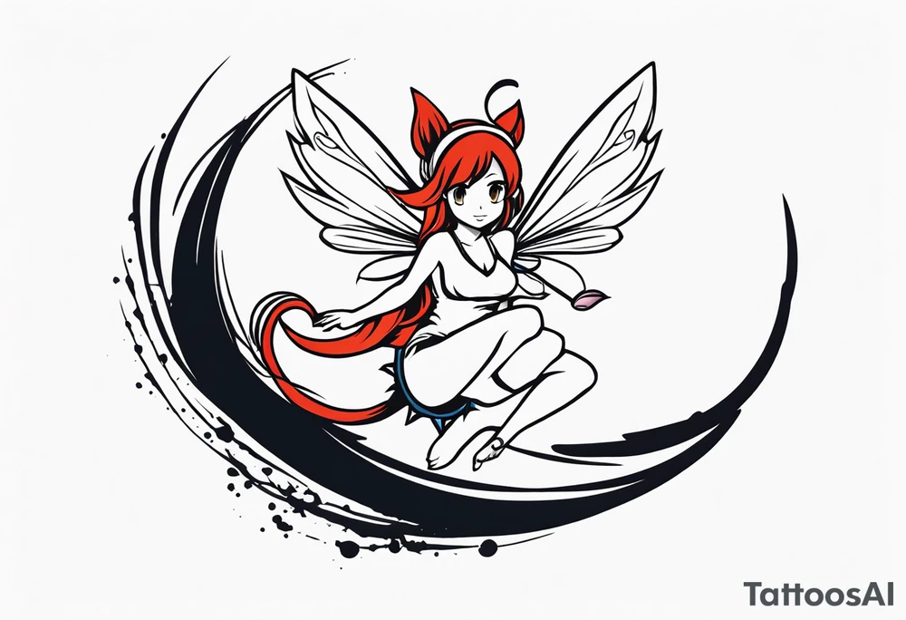 A fairy with a tail inspired by the logo of the anime show called Fairy Tail in a fetal position leaning in and forward while in the air floating tattoo idea