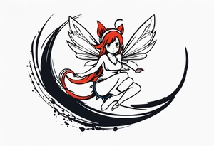 A fairy with a tail inspired by the logo of the anime show called Fairy Tail in a fetal position leaning in and forward while in the air floating tattoo idea
