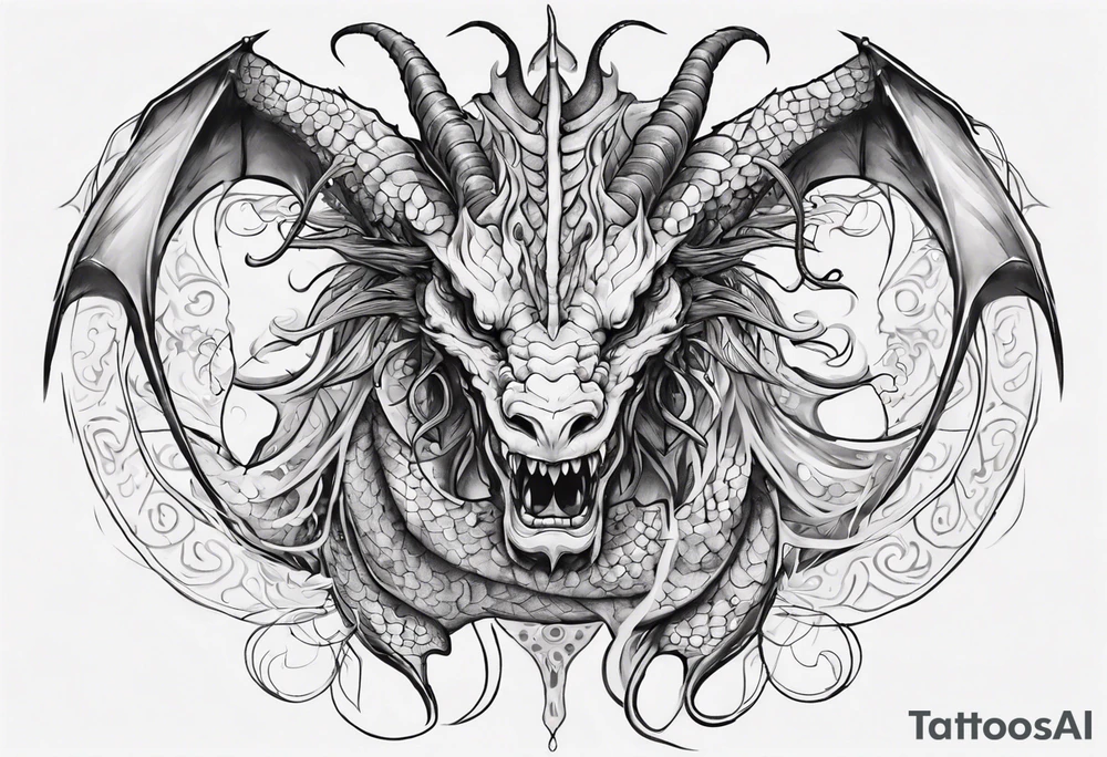 long dragon with horns, mane, scales all over the body tattoo idea