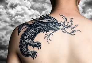 fierce dragon breathing iridescent fire against stormy skies tattoo idea
