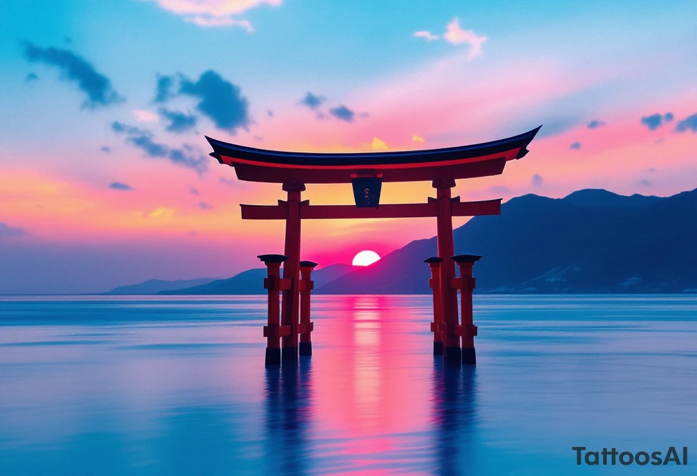 A red torii gate standing in shallow blue water under a pink and orange sunset sky. tattoo idea