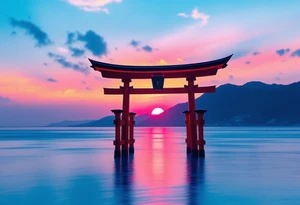 A red torii gate standing in shallow blue water under a pink and orange sunset sky. tattoo idea