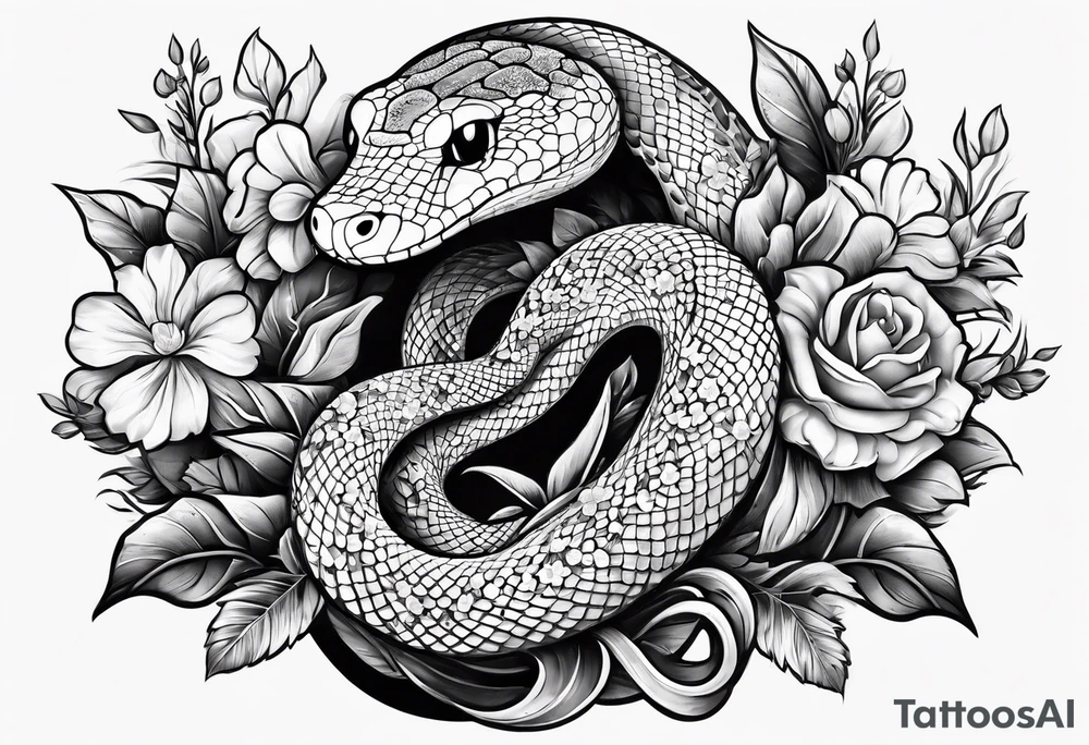 snakes in the shape of a spade with flowers tattoo idea