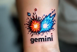 A twin comet design, one burning in fiery orange and the other glowing in icy blue, crashing into each other with word "gemini" underneath. tattoo idea