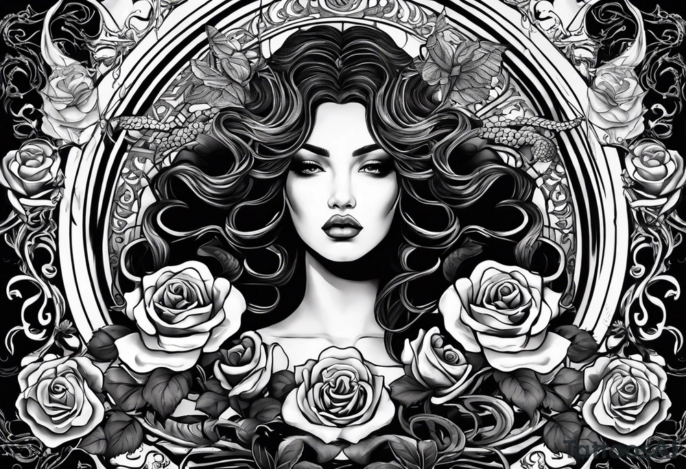 Medusa black roses, her story, just her head, rare, unique Mystic, mythical snakes, scales black shadow Beauty tattoo idea