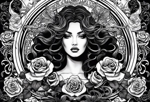 Medusa black roses, her story, just her head, rare, unique Mystic, mythical snakes, scales black shadow Beauty tattoo idea