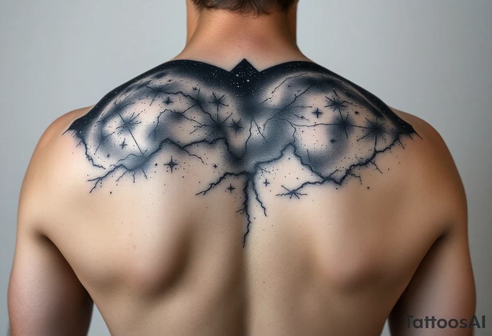 cover up tattoo inspired by the milky way that covers the upper portion of the back that is hyper realstic tattoo idea