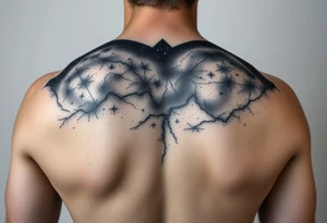 cover up tattoo inspired by the milky way that covers the upper portion of the back that is hyper realstic tattoo idea