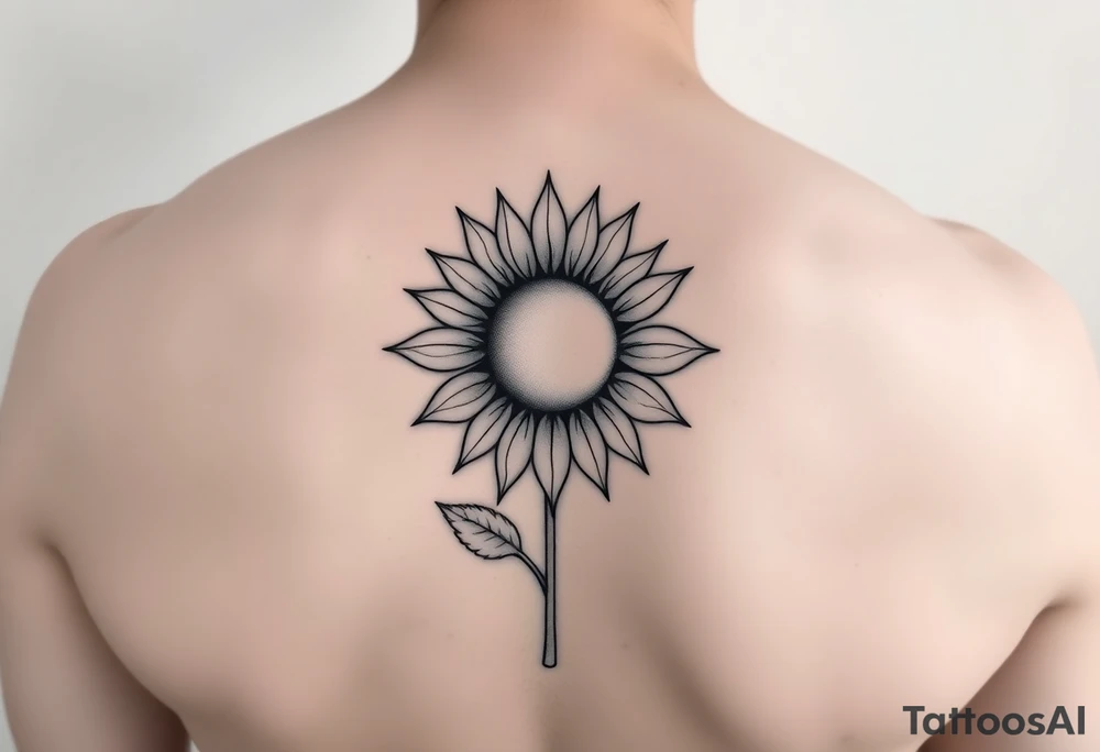 Half Sunflower, half sun tattoo that will "shine" on my bicep with stem, fine line and feminine tattoo idea