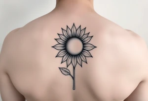Half Sunflower, half sun tattoo that will "shine" on my bicep with stem, fine line and feminine tattoo idea