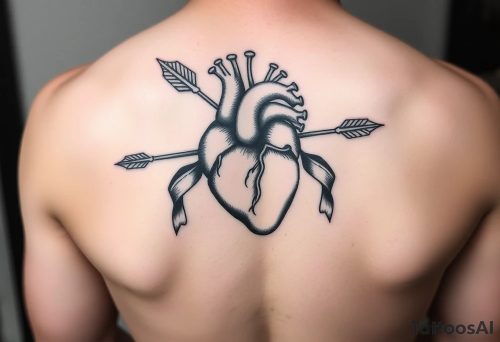 anatomical heart pierced by ornate arrow with flowing ribbons tattoo idea