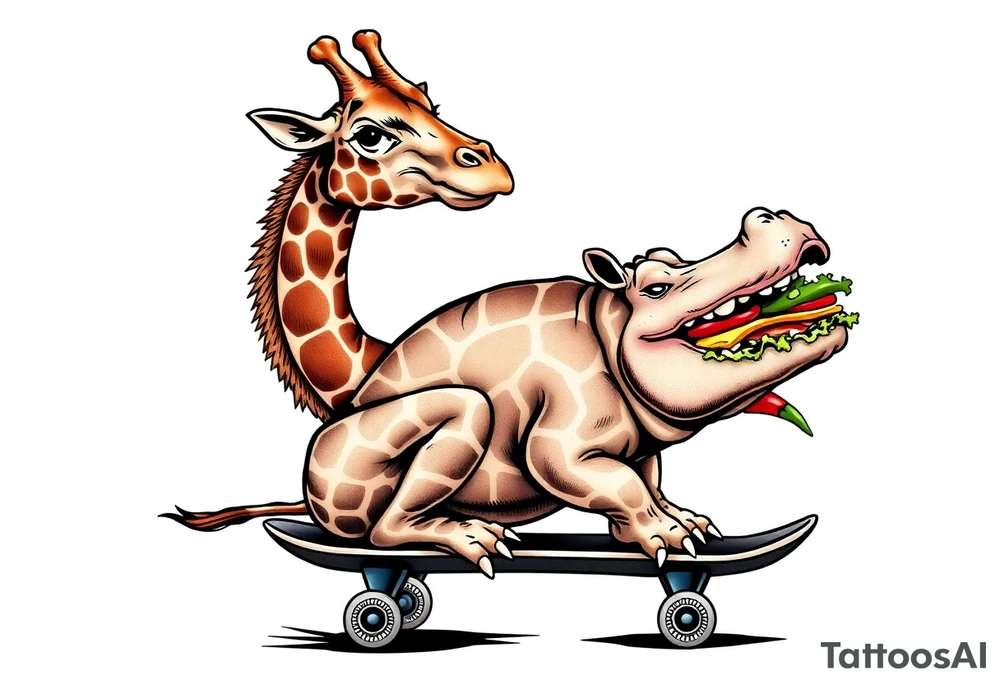 Majestic giraffe riding a skateboard and eating a hippo sandwich do not combine the animals tattoo idea
