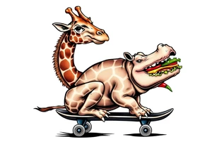 Majestic giraffe riding a skateboard and eating a hippo sandwich do not combine the animals tattoo idea