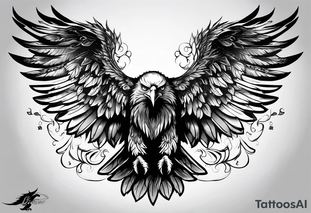 the tattoo would be like. In short, 

- eagle head face down 
- eagle wings spread wide 
- middle will be a portrait of me and my mom 
- a short writings on the wings tattoo idea