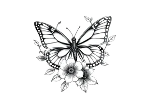 blackink work and shading butterfly with flowers tattoo idea