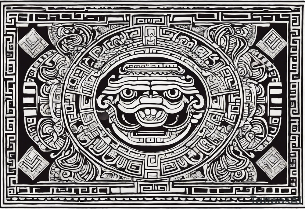 Create a right chest tattoo of Quetzalcoatl based on the original depiction discovered in the Pyramid of the Sun at Teotihuacan. Use the ancient feathered serpent form, with Quetzalcoatl's body coiling in a strong, fluid motion across the chest. Maintain the authenticity of the Teotihuacan style, with bold, angular geometric patterns and intricate detailing in the scales and feathers. The face should feature a traditional Mesoamerican headdress and mask, with the god's fierce, regal expression preserved. Make the eyes intense and striking, with sharp fangs protruding. Use black and gray shading to give the design depth, keeping the ancient stone carving aesthetic, but add subtle modern touches to enhance the masculine and powerful feel. Incorporate authentic Aztec motifs around the serpent, like the sun and stepped pyramids, as part of the chest piece to anchor the design in its historical context tattoo idea