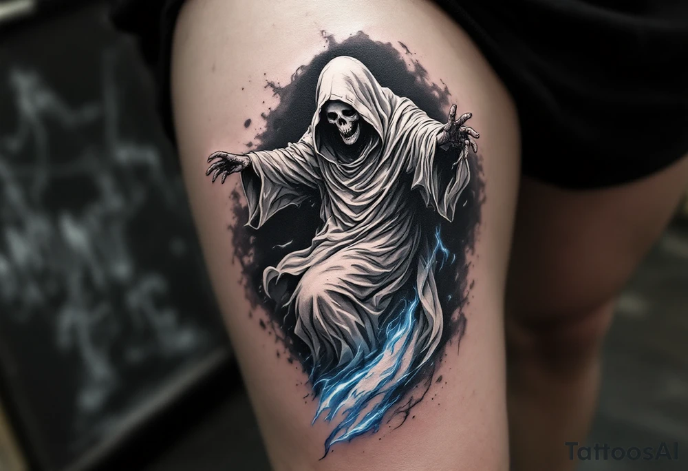 A ghostly white Reaper floating through a black void with hints of  blue trailing his robe. tattoo idea