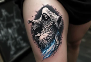 A ghostly white Reaper floating through a black void with hints of  blue trailing his robe. tattoo idea