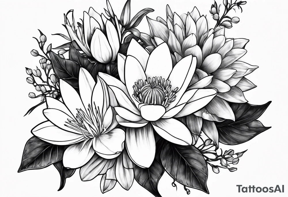 Larkspur and water lily bouquet tattoo idea