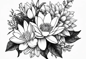 Larkspur and water lily bouquet tattoo idea