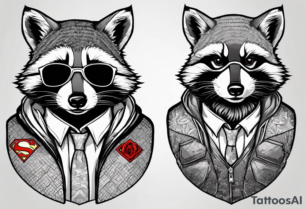 raccoon wearing a Superman hoodie tattoo idea