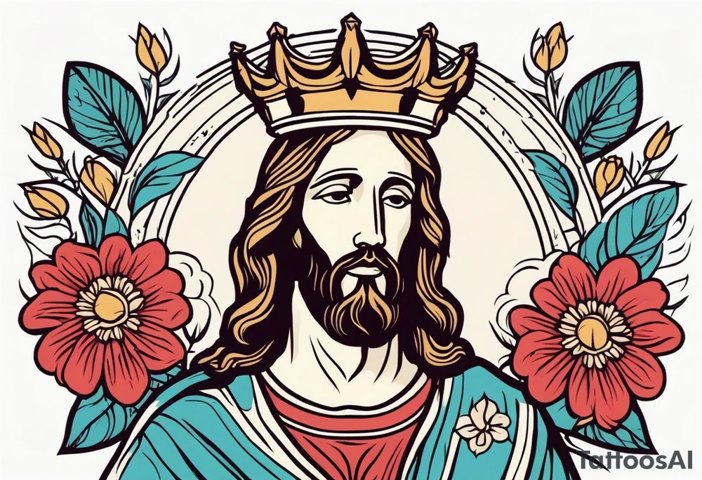 jesus with crown

old school vintage simple traditional design with vintage flowers surrounding
bold color simple tattoo idea