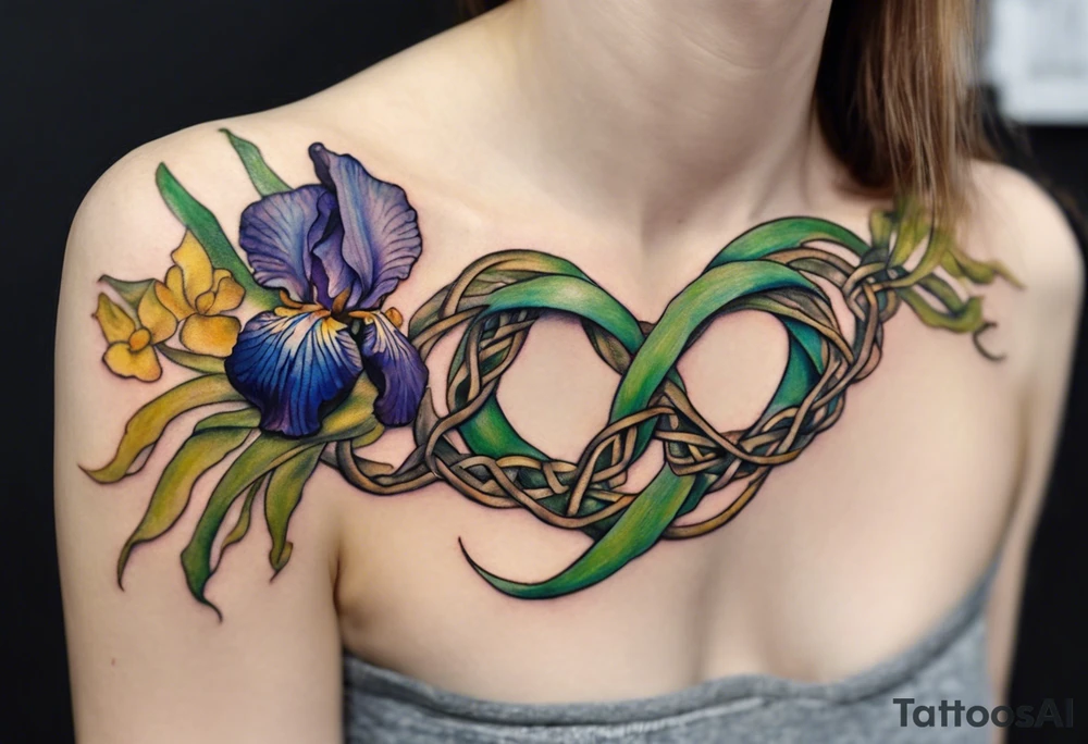 Create a small, colorful Vincent van Gogh Irises tattoo in the form of a crescent, with vines in Celtic knot style gracefully intertwining at a central point in the middle of the wreath. The intended placement is on the upper chest. The middle needs mountains. The overall design should be small in size while maintaining a delicate and artistic aesthetic. Pay attention to the graceful flow of the vines and the placement of the irises to achieve a refined and elegant look. tattoo idea