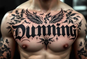 Dunning,on left arm details include angel wing, greek type of font,jungle leaves , tiger claw scratch tattoo idea