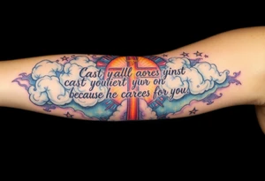 cast all your anxiety on him because he cares for you"  surrounded with clouds and cross big horizontal tattoo idea
