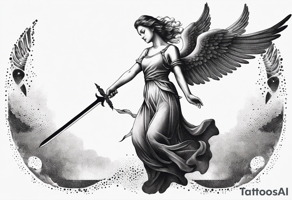 female angel with sword flying in the sky tattoo idea