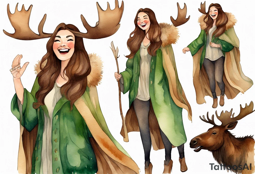 a watercolor of a curvy woman with long brown hair and light brown skin and green eyes wearing a fur cloak laughing riding a moose tattoo idea