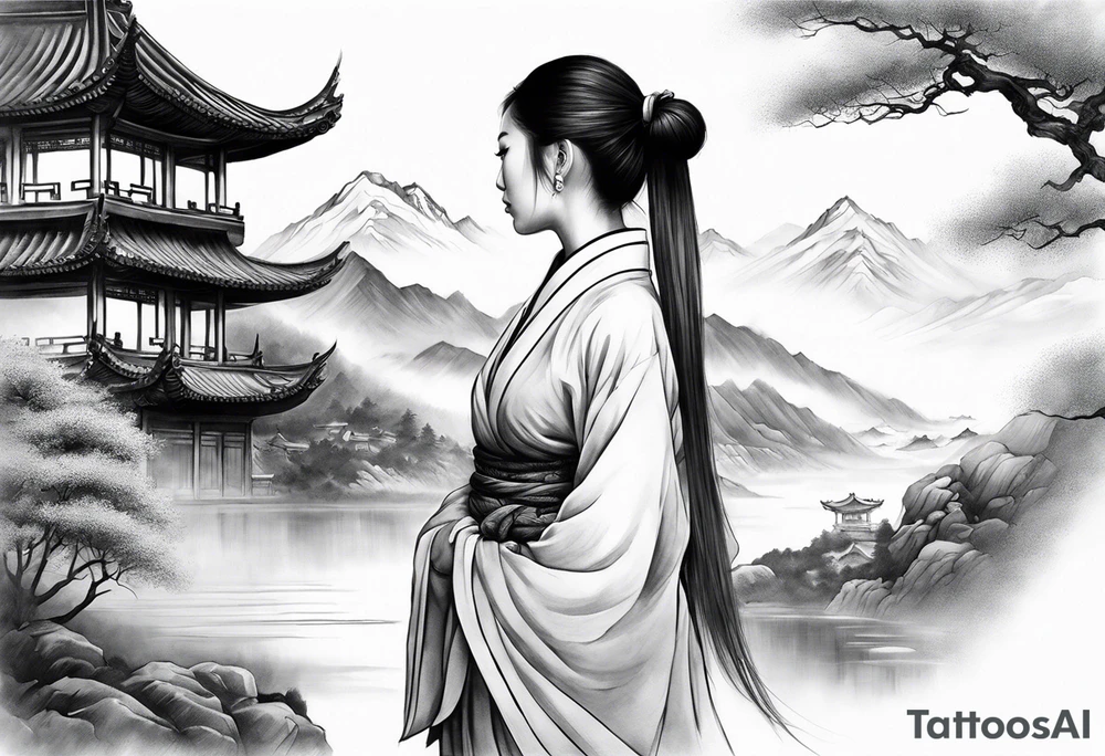 forearm sleeve traditional chinese art painting style autumn mountains mist fog water Chinese temple female with pony tail wearing robes meditating in the distance tattoo idea