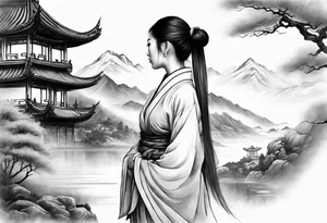 forearm sleeve traditional chinese art painting style autumn mountains mist fog water Chinese temple female with pony tail wearing robes meditating in the distance tattoo idea