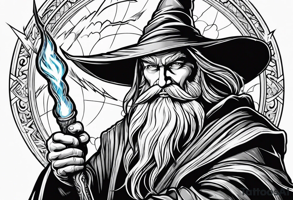 Wizard controlling lightning with a staff with blue arc ball tattoo idea
