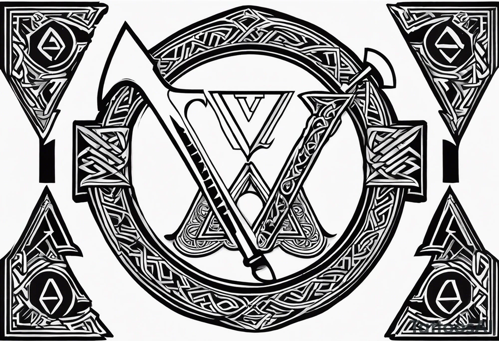 Valhalla sword shield axe Valknut fog tattoo idea