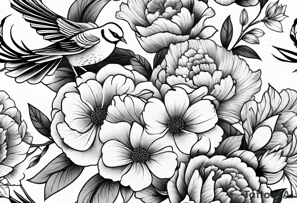 traditional style
leg sleeve with a bird and flowers tattoo idea