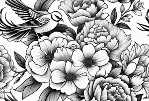 traditional style
leg sleeve with a bird and flowers tattoo idea