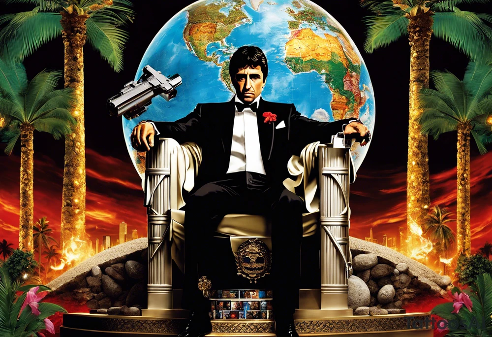 Tony Montana sitting on his throne with his infamous "The World is Yours” globe in hand, surrounded by elements that represent key scenes or motifs from the movie? For example, you could include symbols like piles of cocaine, palm trees, guns, and perhaps even the iconic "Say hello to my little friend" scene in the background. This would create a dynamic and visually captivating tattoo that pays homage to Scarface in a unique and personalized way. tattoo idea
