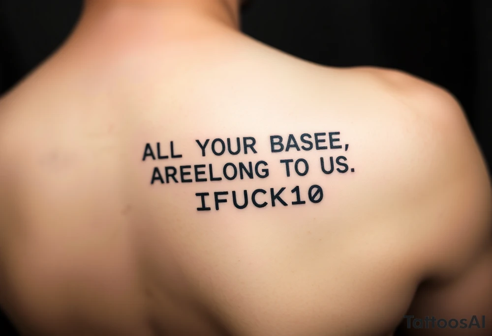 "Tattoo of a corrupted .txt file:  
Visible text: 'ALL YOUR BASE ARE BELONG TO US'  
Corrupted parts: 'IFUCK10' repeated in hex-code.  

Style: Data moshing. Black ink, forearm." tattoo idea