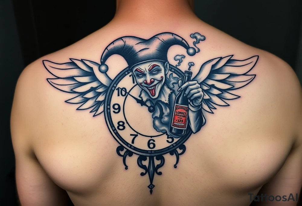 a jester clown floating in smoke with a  clock, the time says 420,  with two open wings besides the clock, smoke as the spring rising from the clock, a jester clown coming out the smoke, smoking in one hand with a liquor bottle on the other hand tattoo idea
